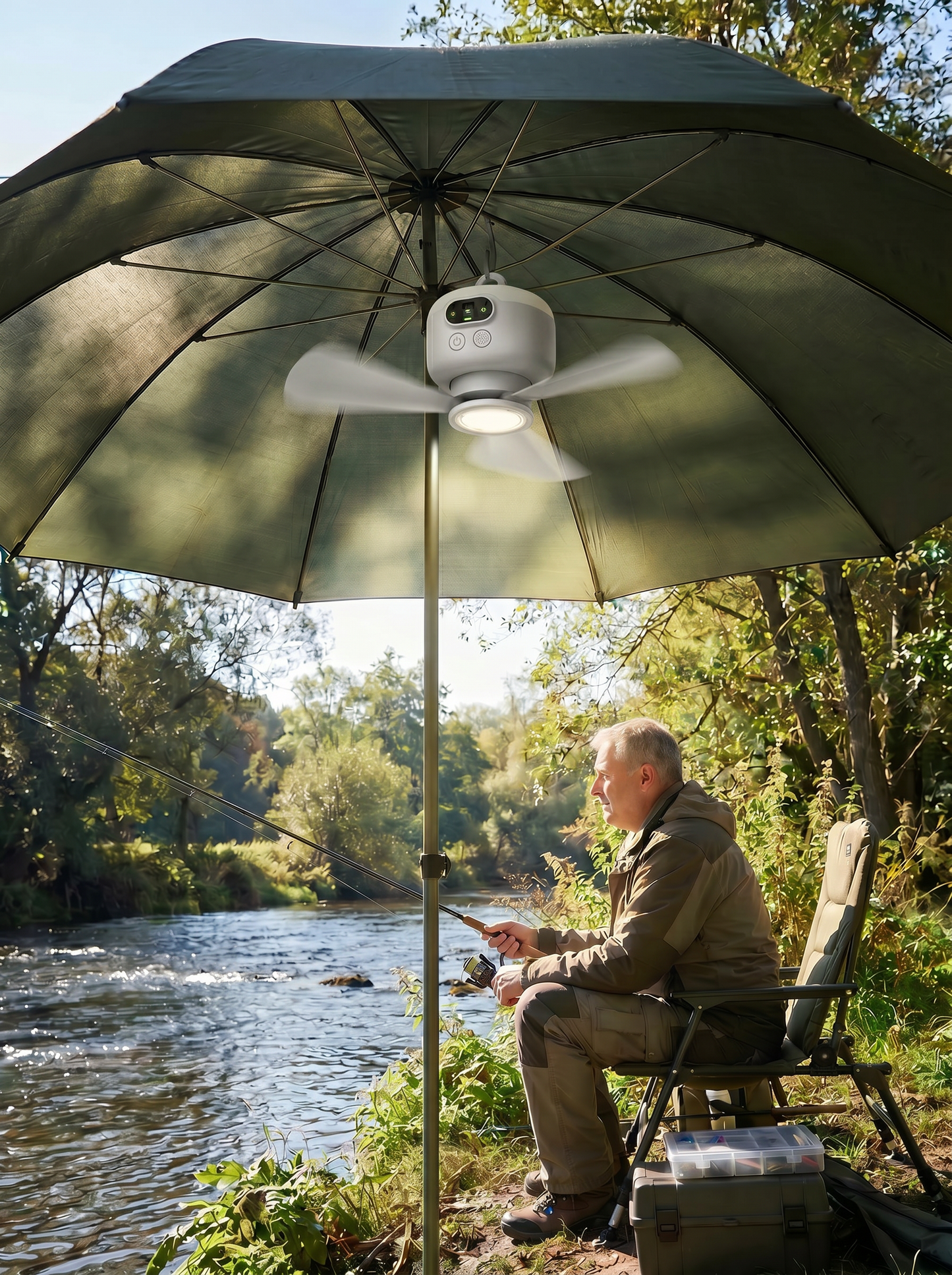 Bærbar campingventilator med LED-belysning og fjernbetjening