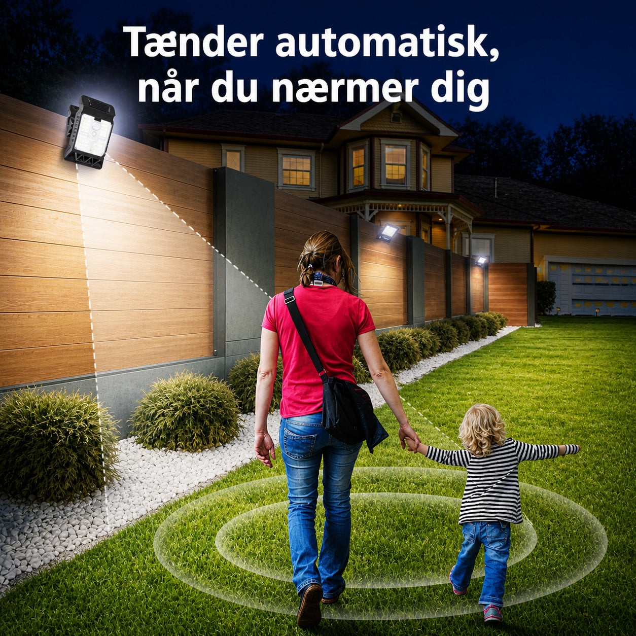Soldrevet udendørslampe med bevægelsessensor og clipbeslag