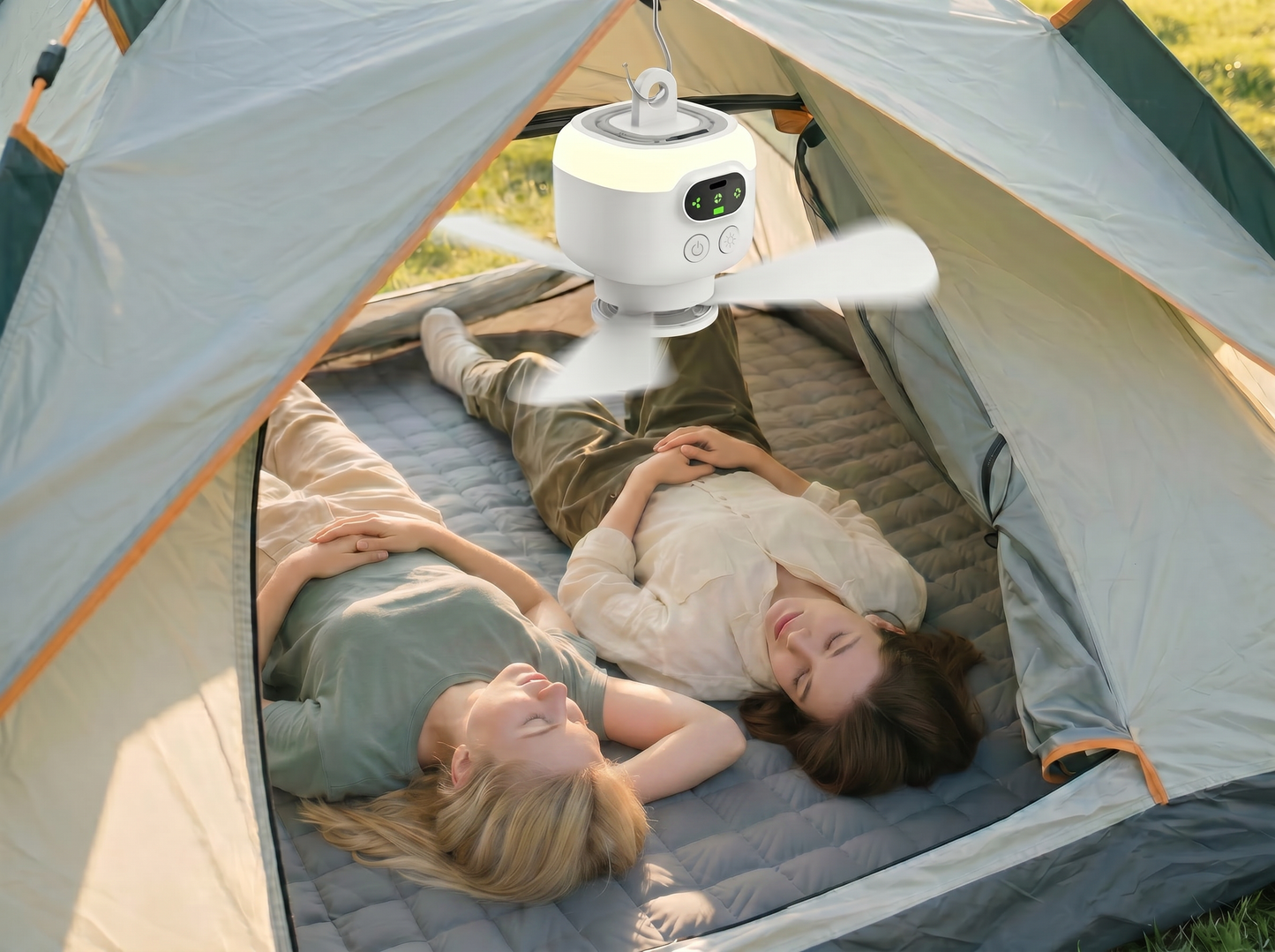 Bærbar campingventilator med LED-belysning og fjernbetjening