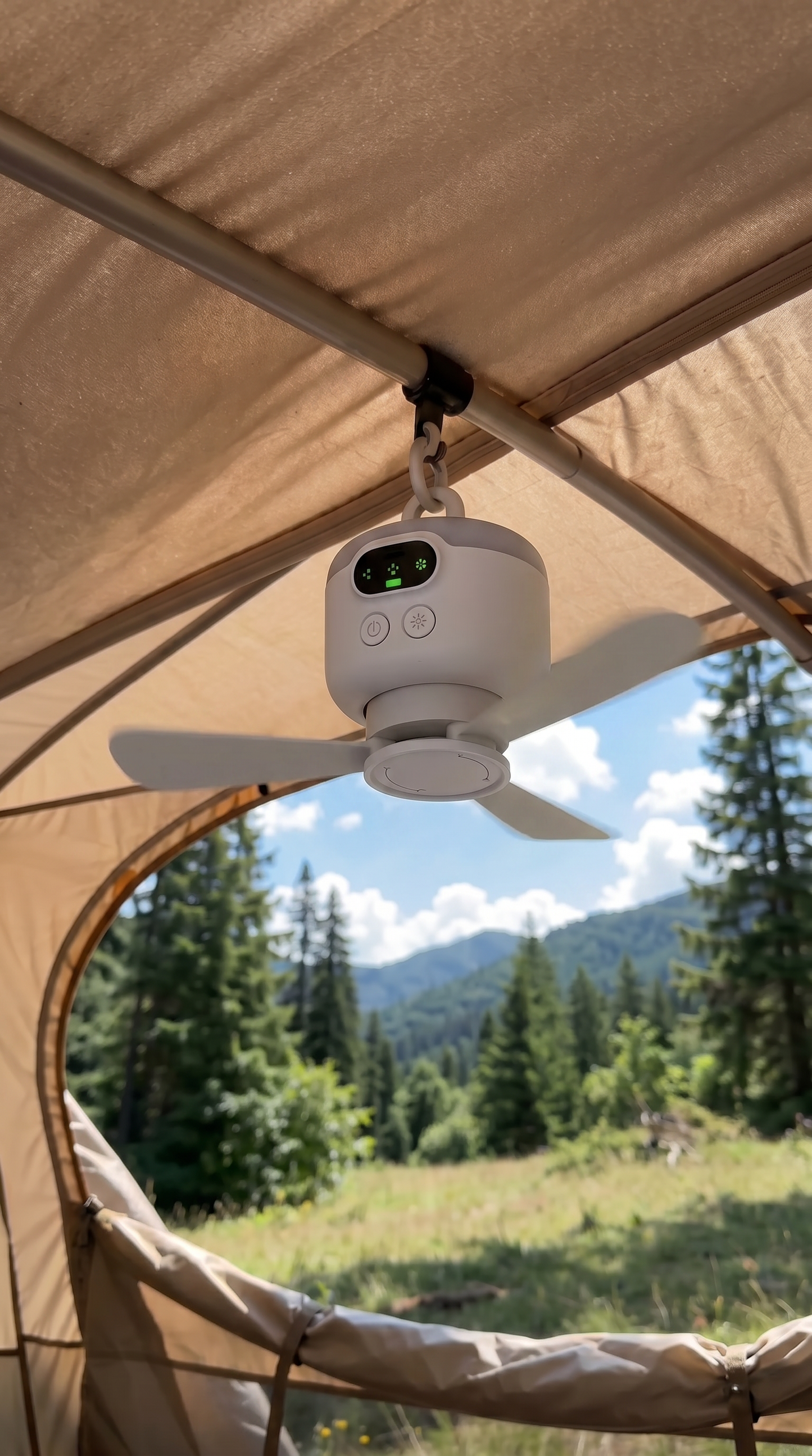 Bærbar campingventilator med LED-belysning og fjernbetjening