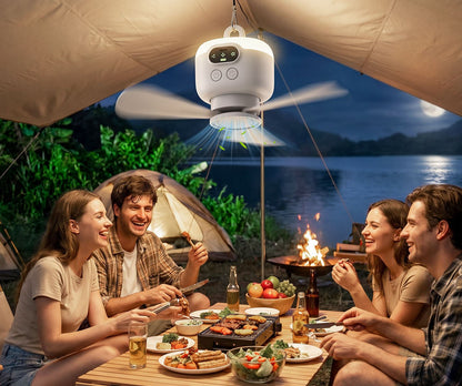 Bærbar campingventilator med LED-belysning og fjernbetjening