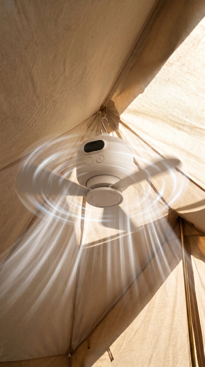 Bærbar campingventilator med LED-belysning og fjernbetjening