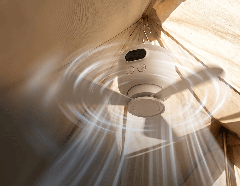 Bærbar campingventilator med LED-belysning og fjernbetjening