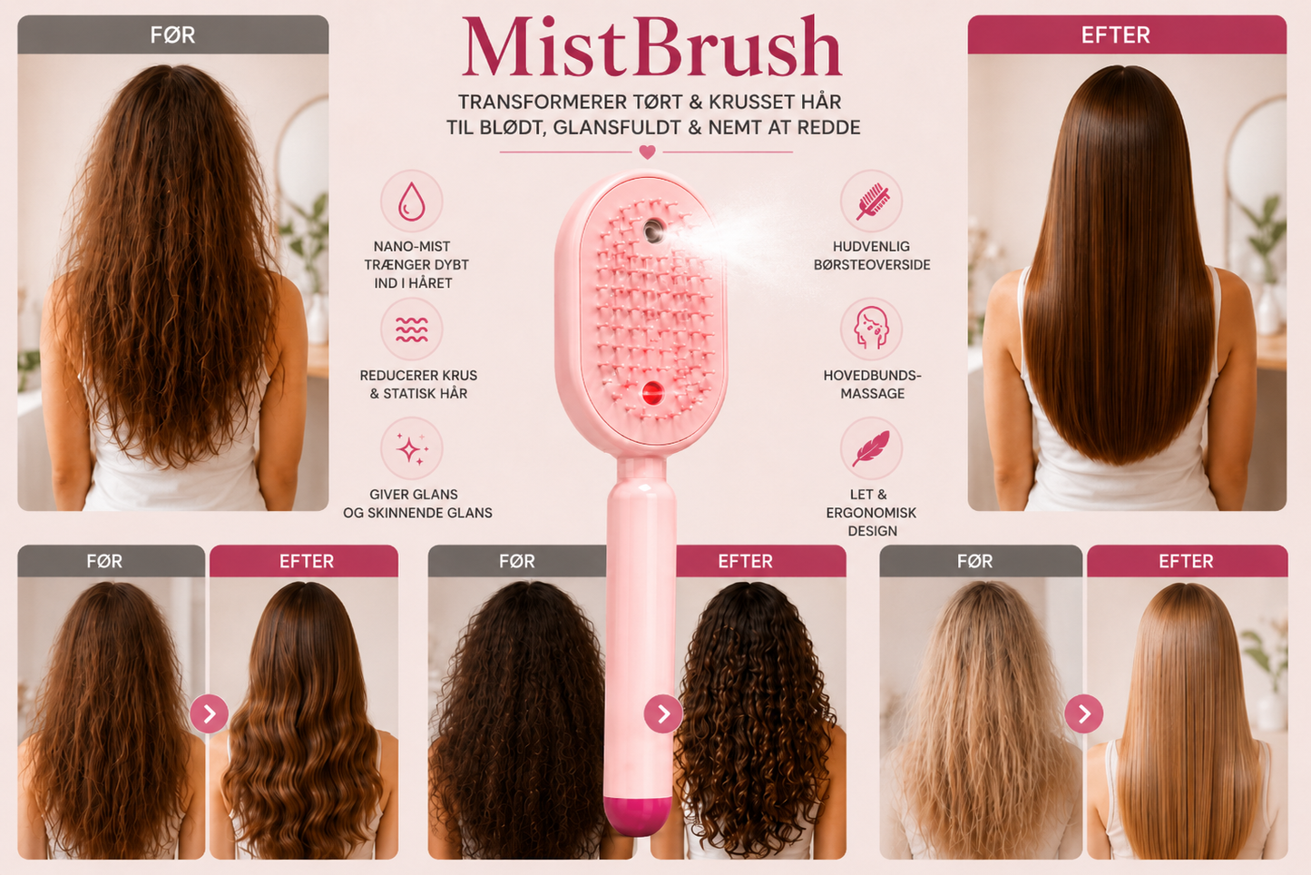 MistBrush – Elektrisk spraybørste med nanomist, hovedbundsmassage og anti-frizz-teknologi til blødere og mere glansfuldt hår