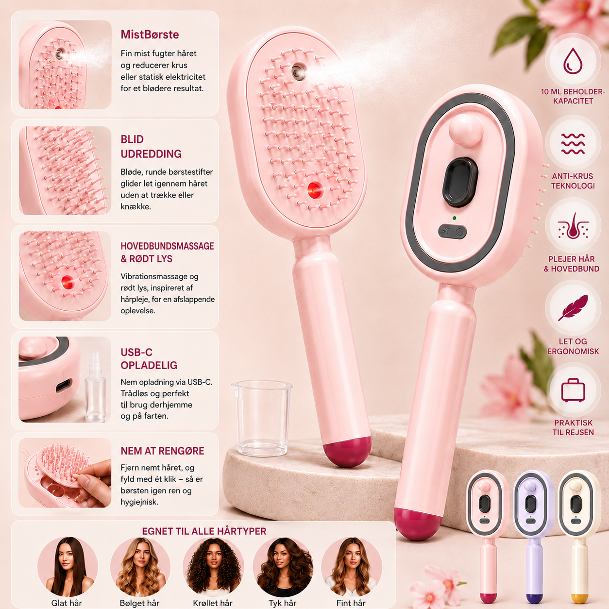 MistBrush – Elektrisk spraybørste med nanomist, hovedbundsmassage og anti-frizz-teknologi til blødere og mere glansfuldt hår