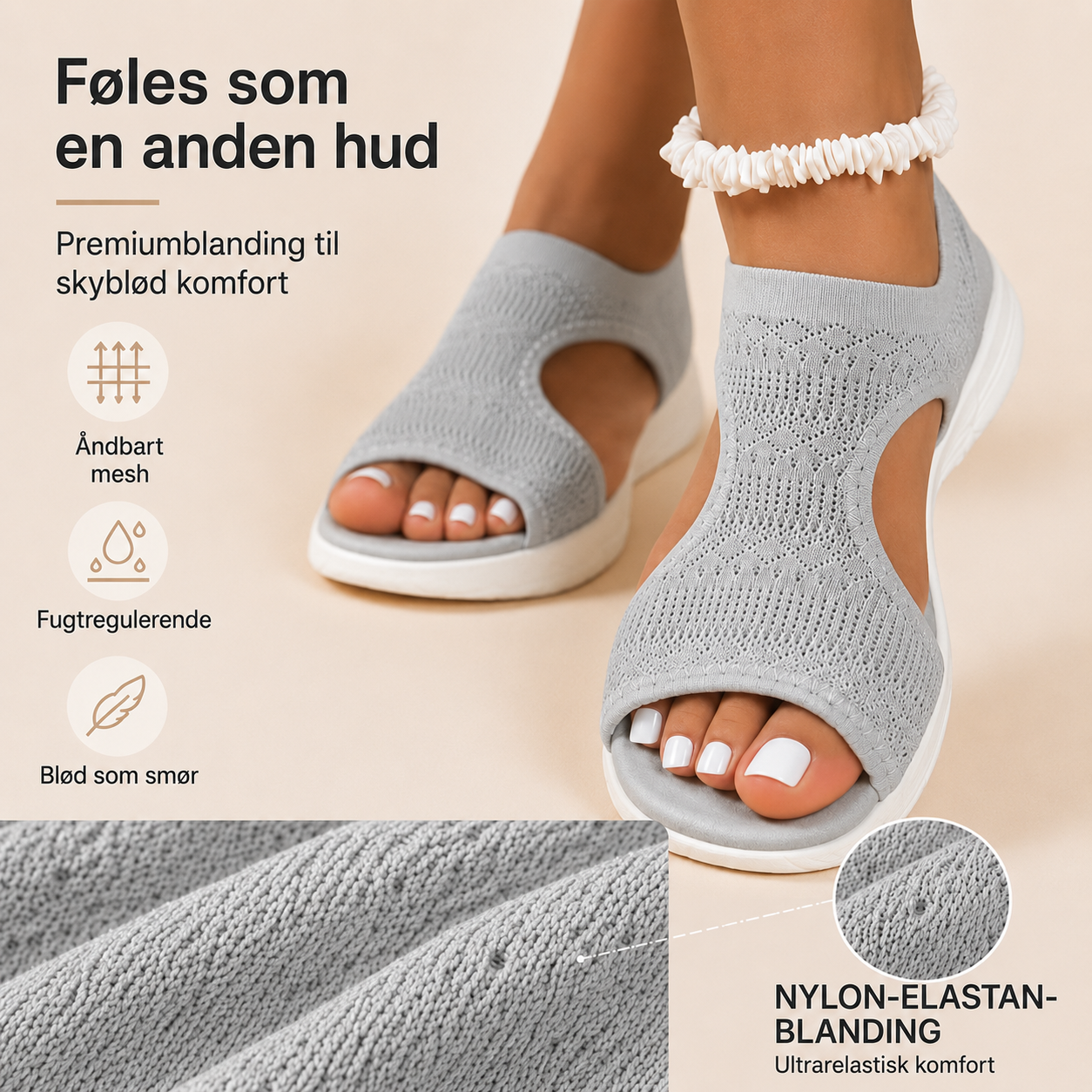 Komfortable, åndbare flade sandaler