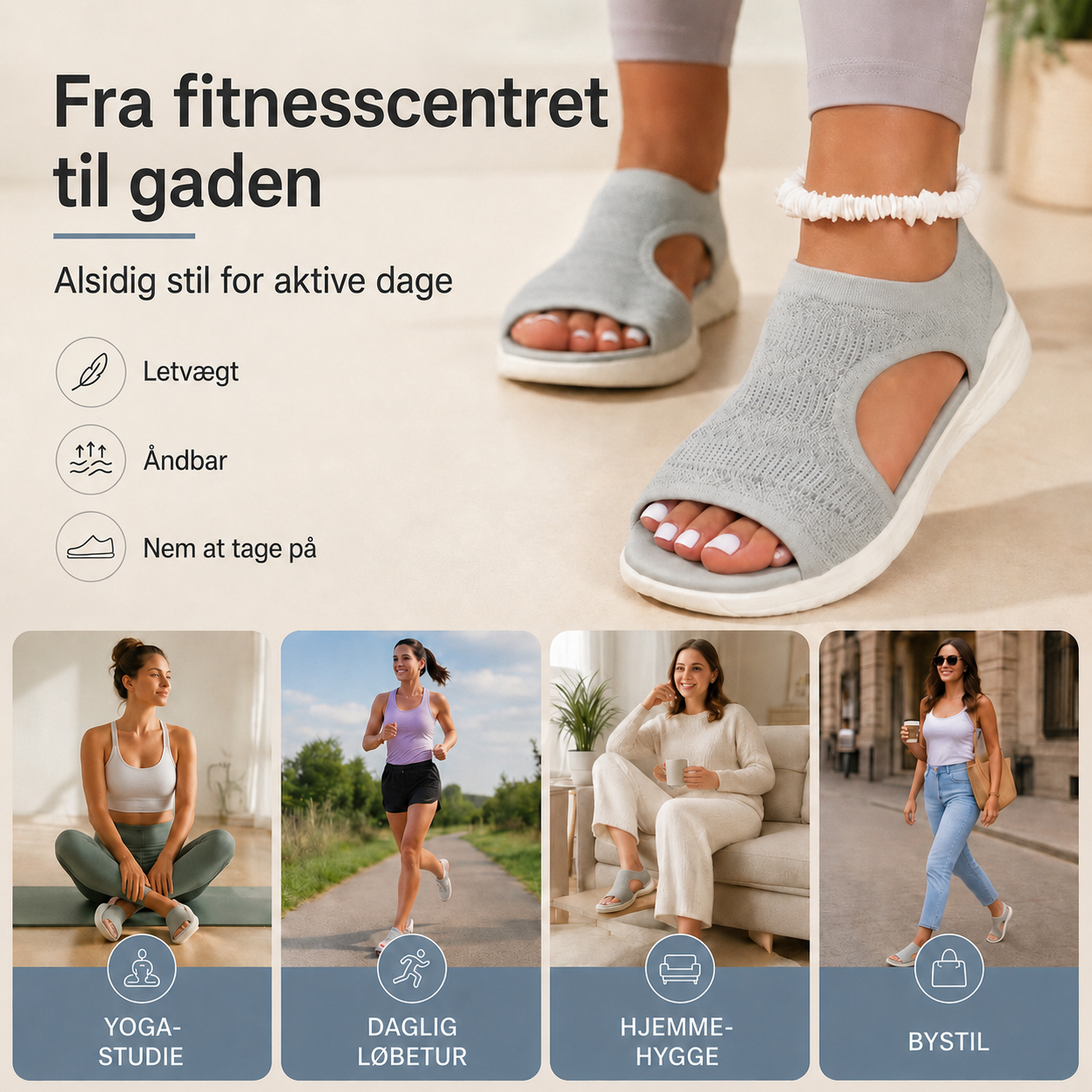 Komfortable, åndbare flade sandaler