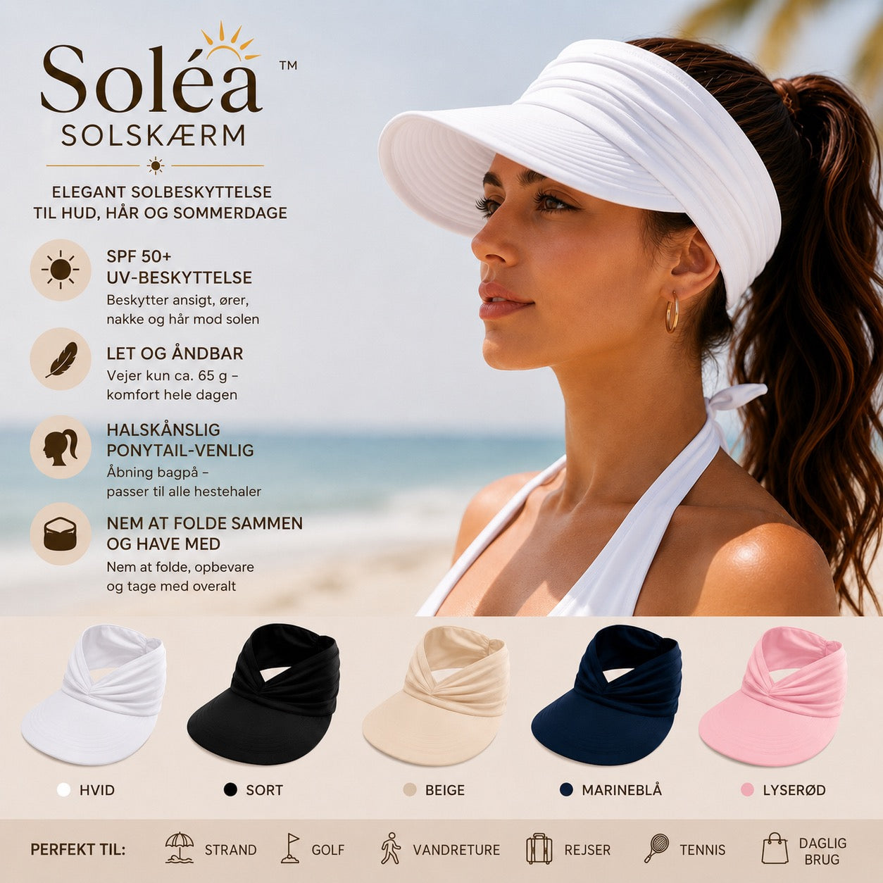 Soléa solskærm – Elegant solbeskyttelse til hud og hår, til komfortable sommerdage
