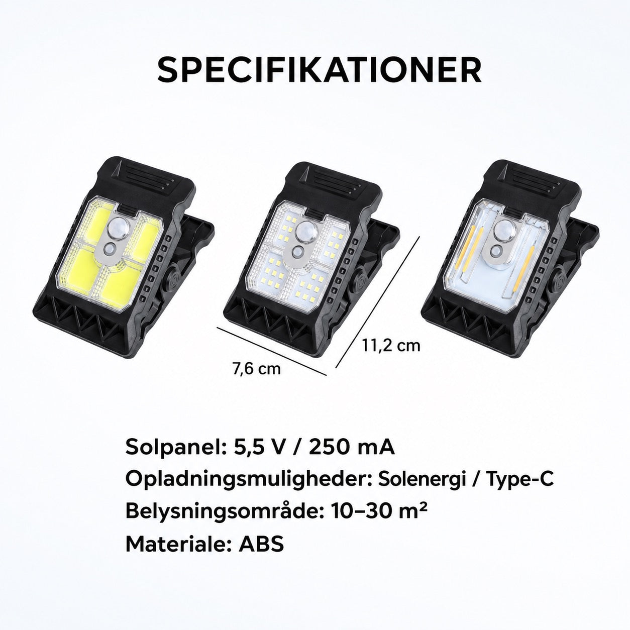 Soldrevet udendørslampe med bevægelsessensor og clipbeslag