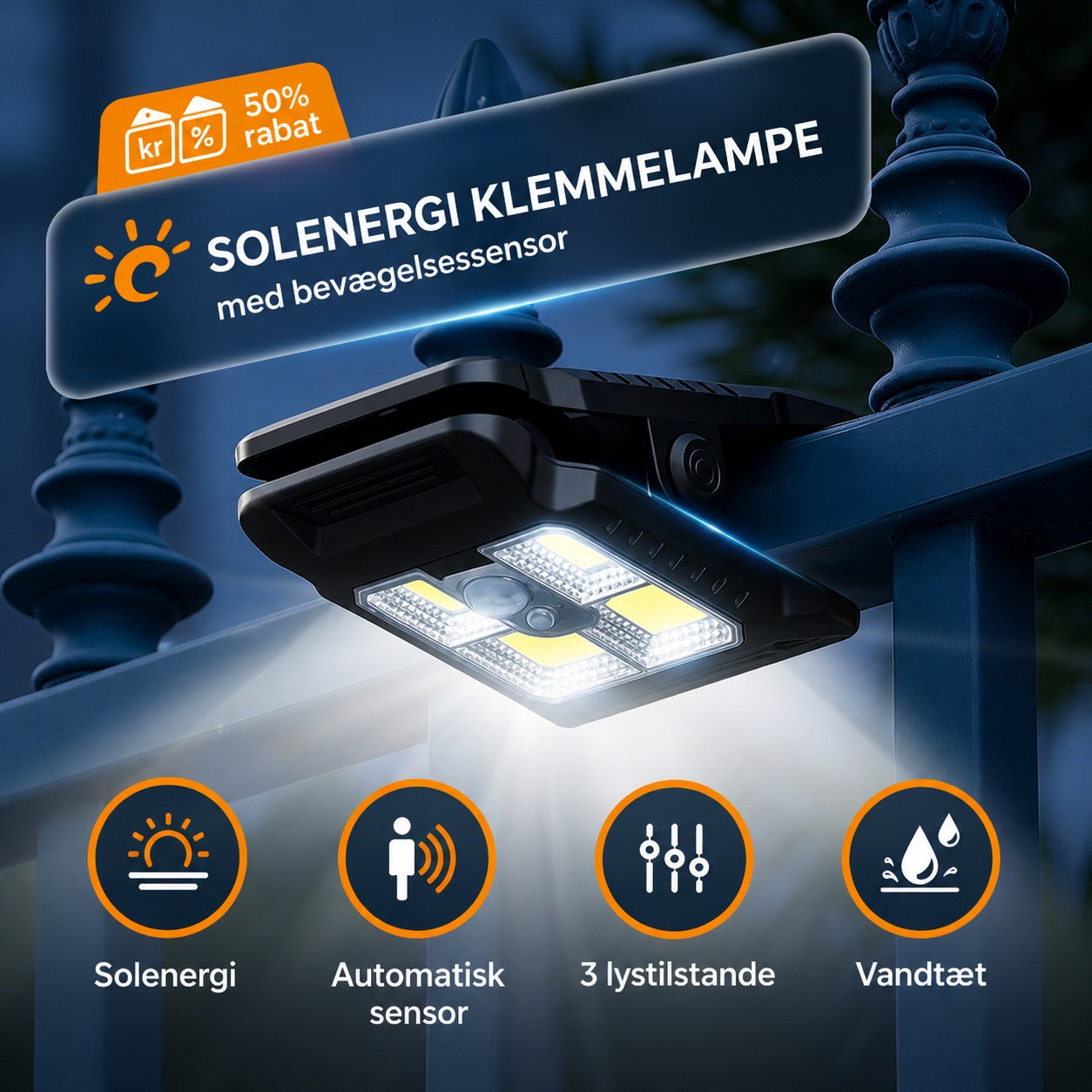 Soldrevet udendørslampe med bevægelsessensor og clipbeslag