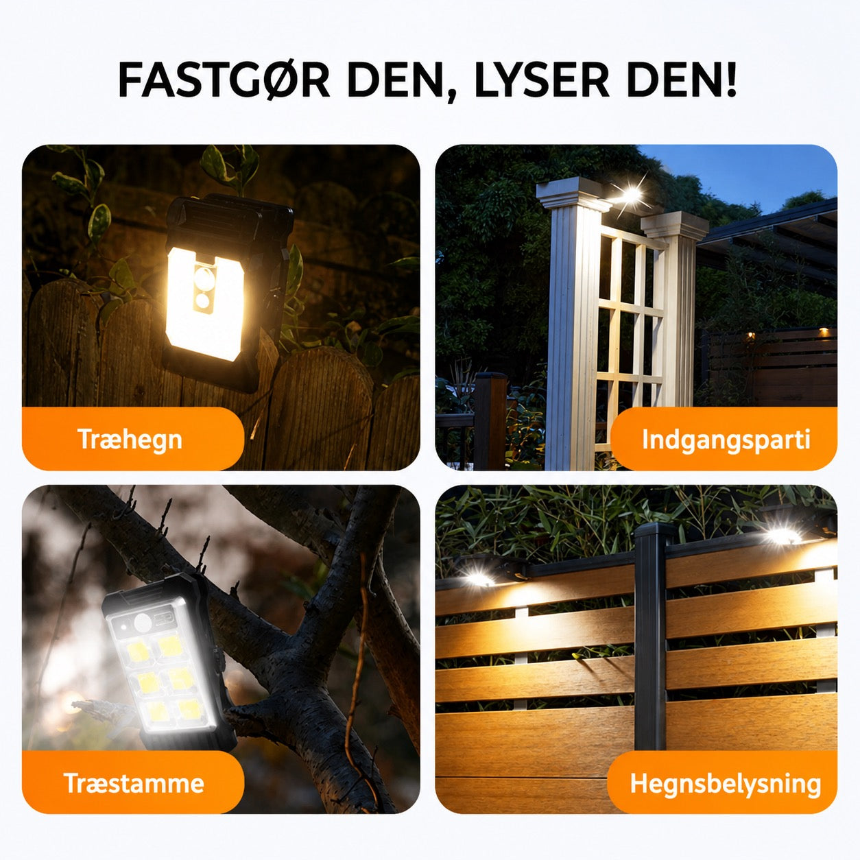 Soldrevet udendørslampe med bevægelsessensor og clipbeslag