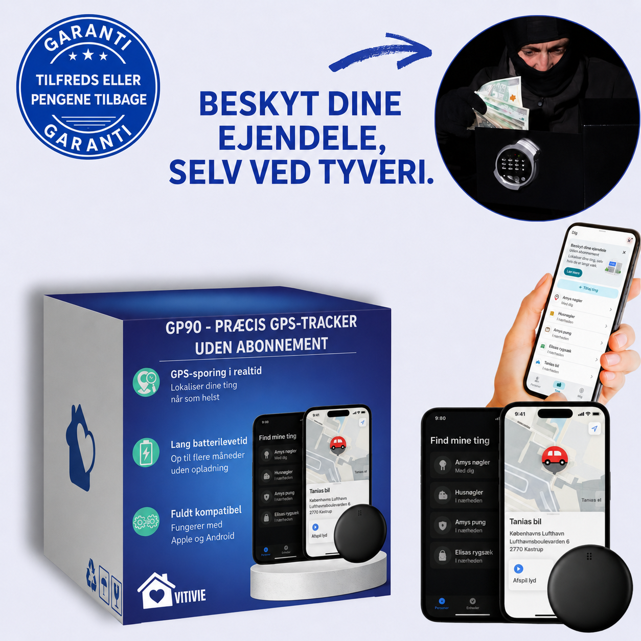 GP90 - Præcis GPS-Tracker uden Abonnement (Android/Apple)