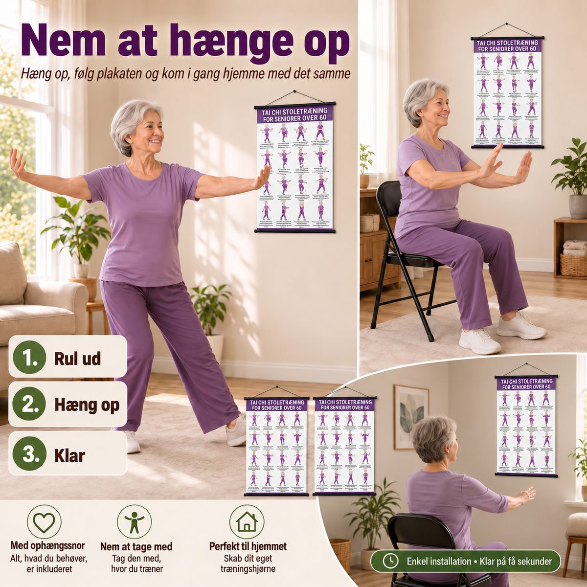 Tai Chi stoltræning – sæt med 2 plakater til enkel hjemmetræning (60+)