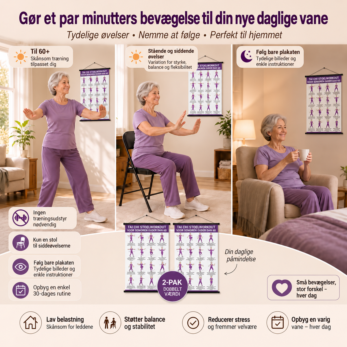 Tai Chi stoltræning – sæt med 2 plakater til enkel hjemmetræning (60+)