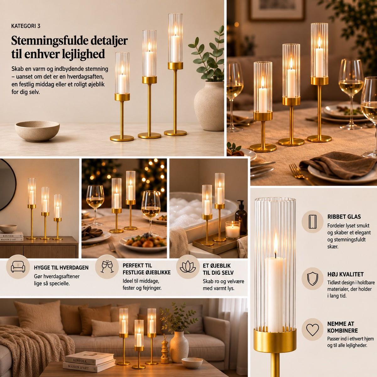 Elegante lysestager med glascylinder i 3 højder