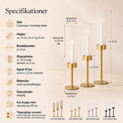 Elegante lysestager med glascylinder i 3 højder
