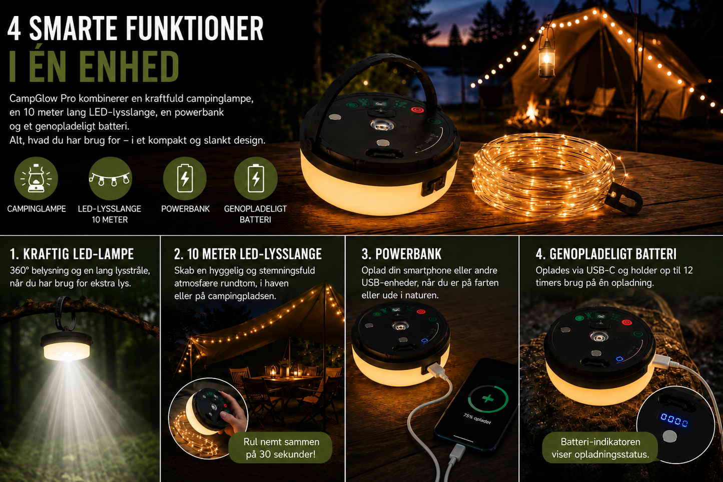 4-i-1 – Genopladelig campinglampe med lyskæde og powerbank