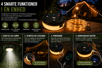 4-i-1 – Genopladelig campinglampe med lyskæde og powerbank