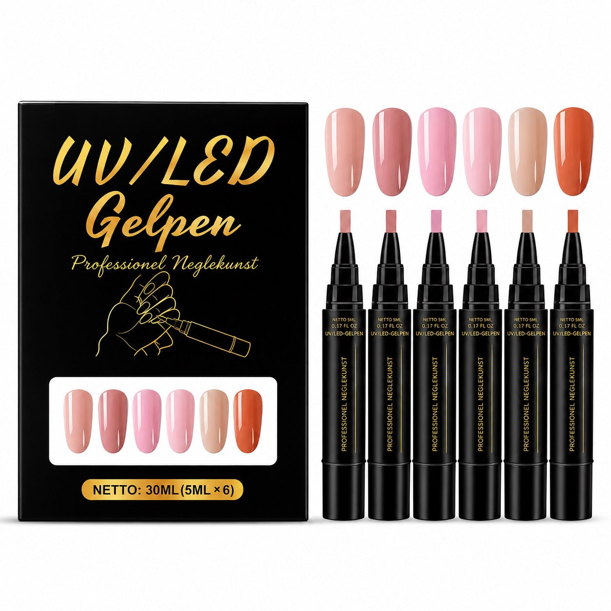 SalonPen – 3-i-1 gelpen til negle med UV-lampe (pakke med 6 stk.)