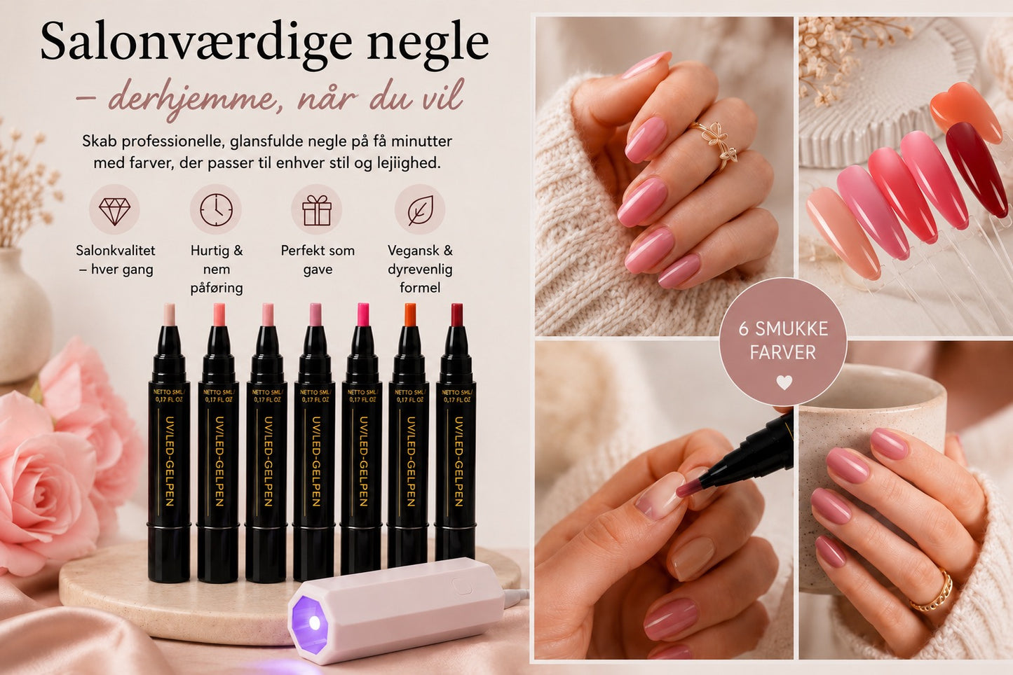 SalonPen – 3-i-1 gelpen til negle med UV-lampe (pakke med 6 stk.)
