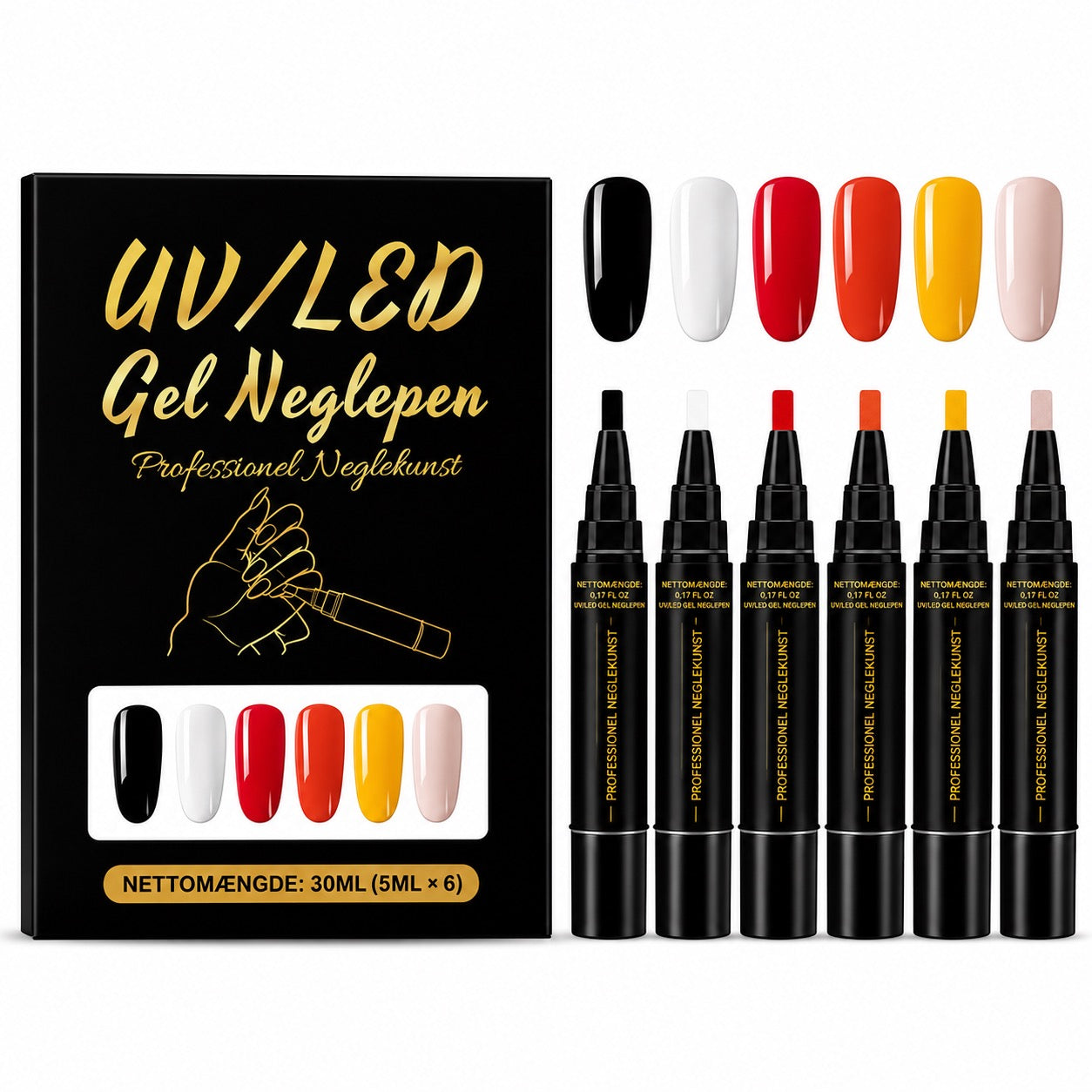 SalonPen – 3-i-1 gelpen til negle med UV-lampe (pakke med 6 stk.)