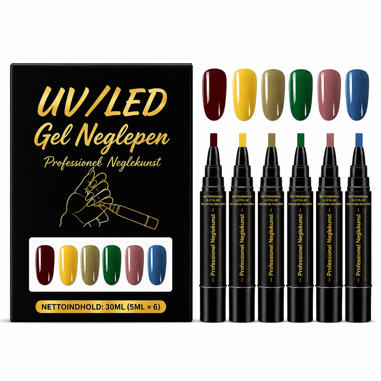 SalonPen – 3-i-1 gelpen til negle med UV-lampe (pakke med 6 stk.)