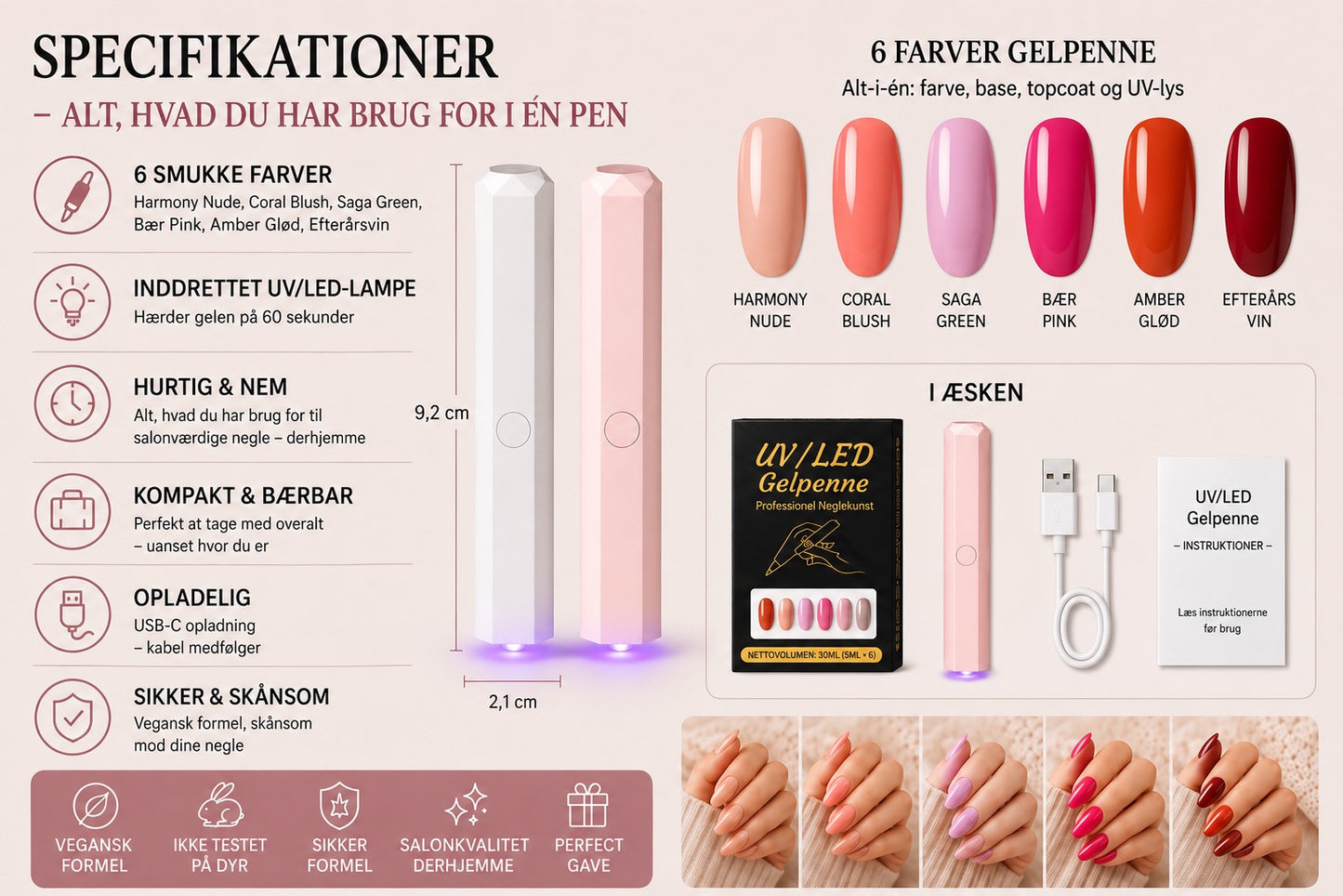 SalonPen – 3-i-1 gelpen til negle med UV-lampe (pakke med 6 stk.)