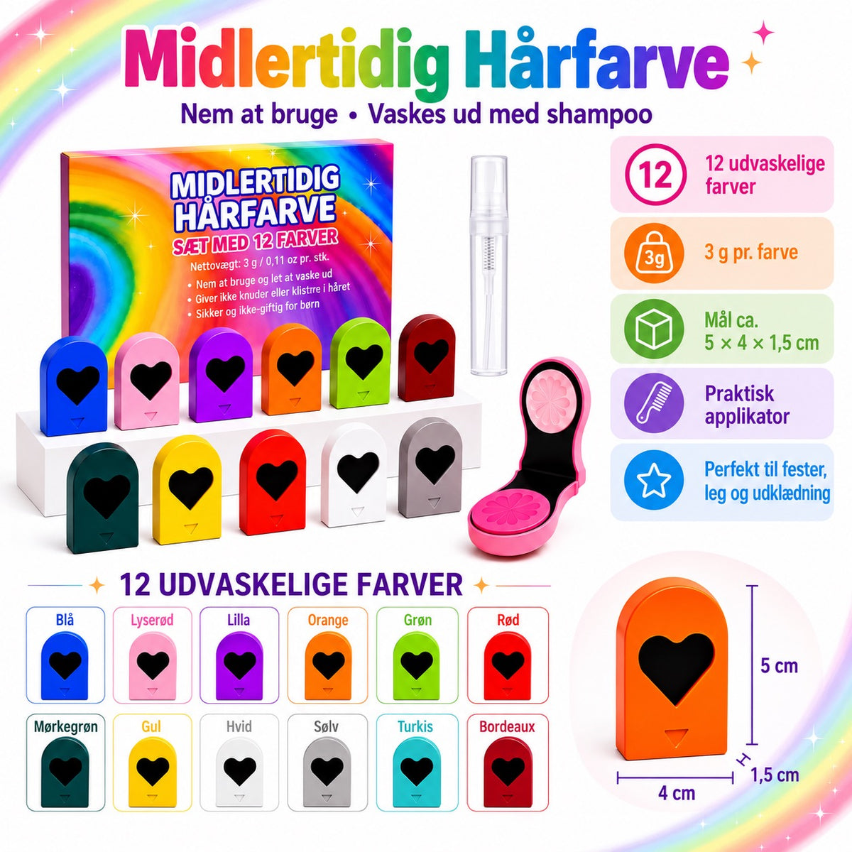 Hårfarvekridt – 12 udvaskelige farver