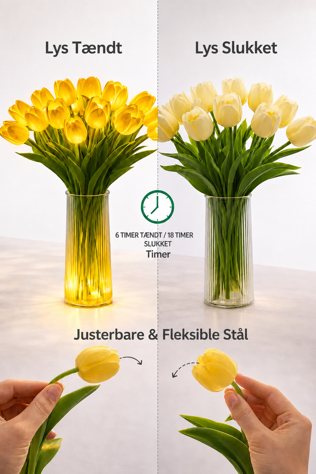 Romantisk LED-tulipanlampe – Batteridrevne LED-tulipaner der kombinerer blomsterdekoration med blød stemningsbelysning
