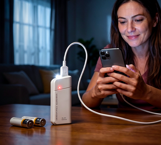 Bærbar nødlader med AA-batterier – USB-opladning, kompakt og med LED-lommelygte – perfekt til rejser, pendling og strømafbrydelser