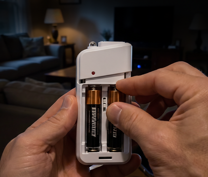 Bærbar nødlader med AA-batterier – USB-opladning, kompakt og med LED-lommelygte – perfekt til rejser, pendling og strømafbrydelser