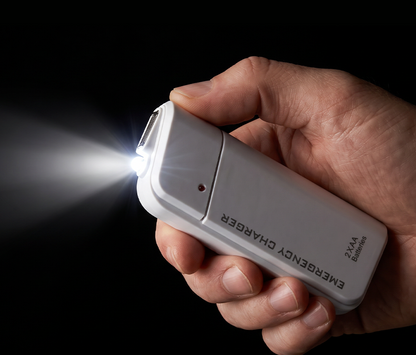 Bærbar nødlader med AA-batterier – USB-opladning, kompakt og med LED-lommelygte – perfekt til rejser, pendling og strømafbrydelser