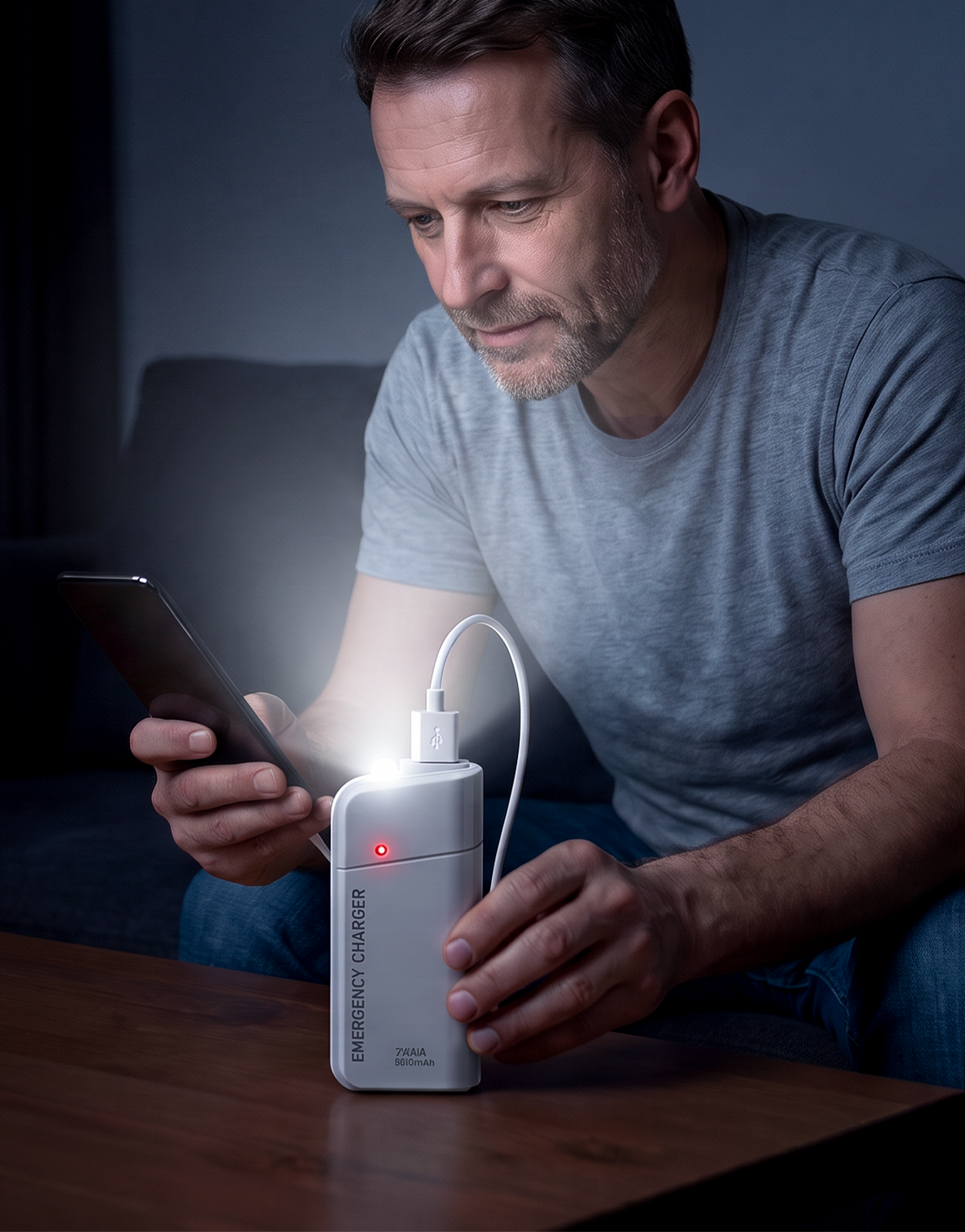 Bærbar nødlader med AA-batterier – USB-opladning, kompakt og med LED-lommelygte – perfekt til rejser, pendling og strømafbrydelser
