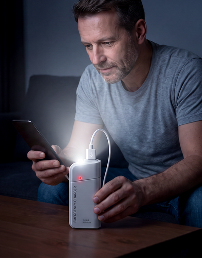 Bærbar nødlader med AA-batterier – USB-opladning, kompakt og med LED-lommelygte – perfekt til rejser, pendling og strømafbrydelser
