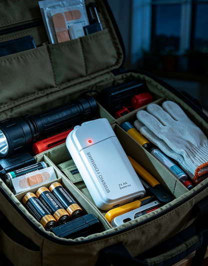 Bærbar nødlader med AA-batterier – USB-opladning, kompakt og med LED-lommelygte – perfekt til rejser, pendling og strømafbrydelser