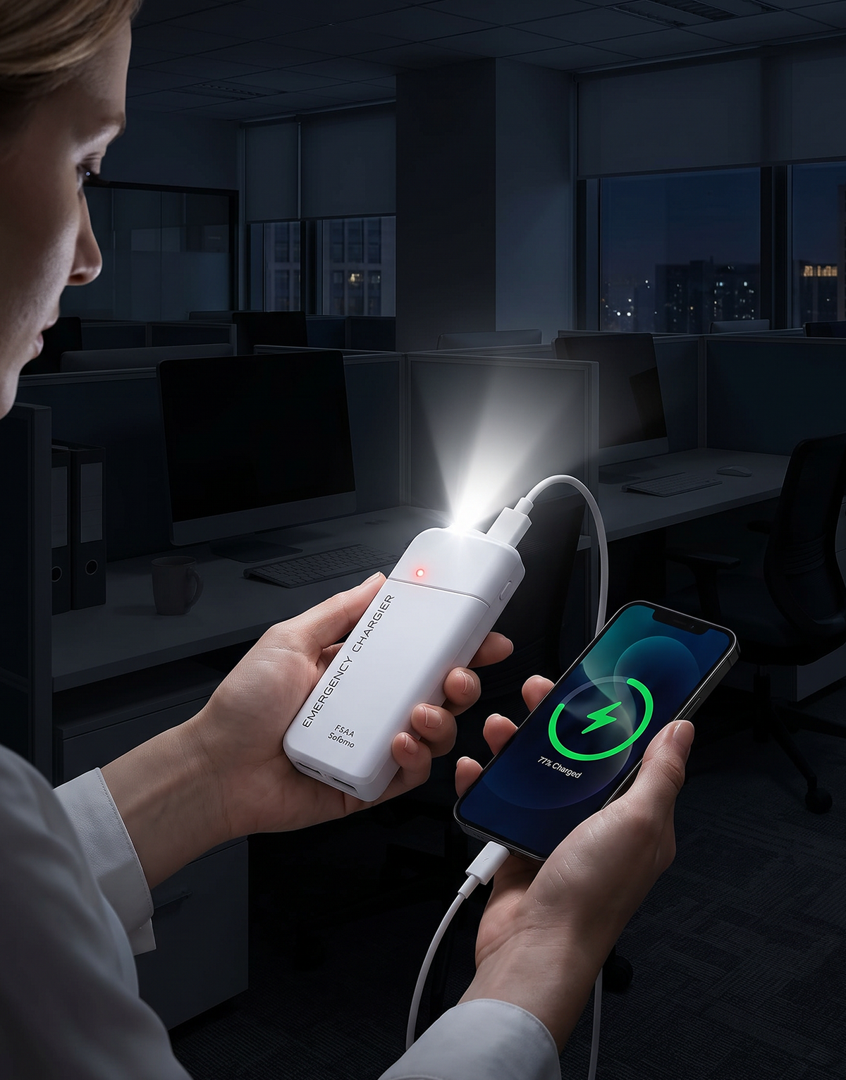 Bærbar nødlader med AA-batterier – USB-opladning, kompakt og med LED-lommelygte – perfekt til rejser, pendling og strømafbrydelser