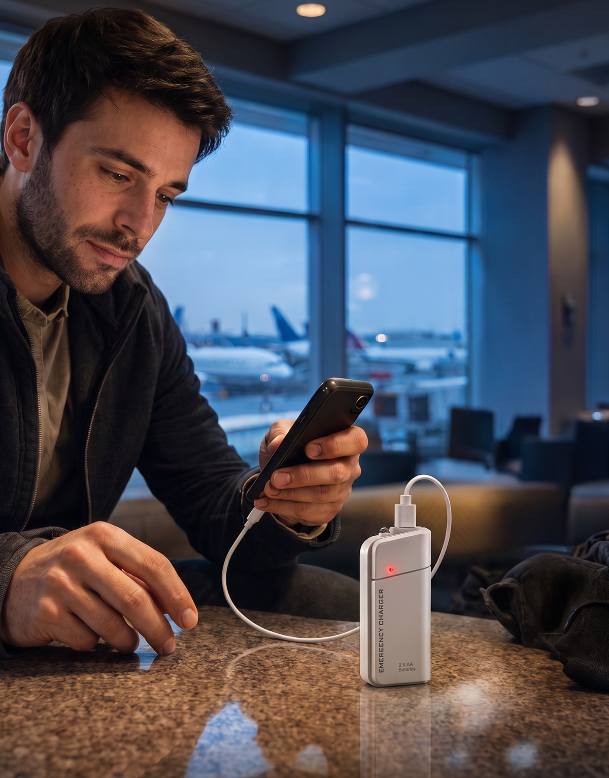 Bærbar nødlader med AA-batterier – USB-opladning, kompakt og med LED-lommelygte – perfekt til rejser, pendling og strømafbrydelser