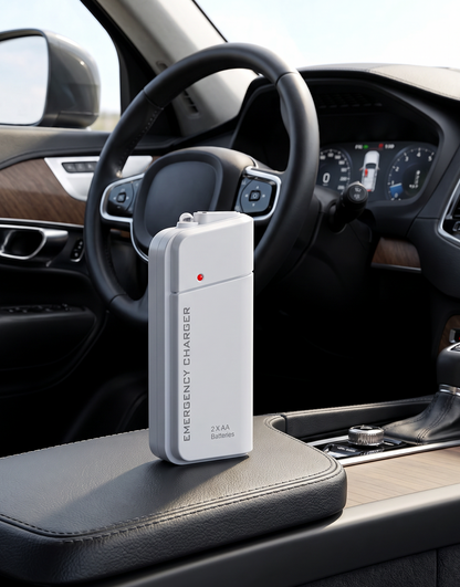 Bærbar nødlader med AA-batterier – USB-opladning, kompakt og med LED-lommelygte – perfekt til rejser, pendling og strømafbrydelser