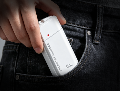 Bærbar nødlader med AA-batterier – USB-opladning, kompakt og med LED-lommelygte – perfekt til rejser, pendling og strømafbrydelser