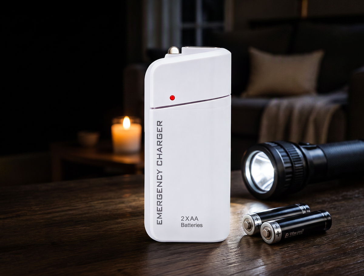 Bærbar nødlader med AA-batterier – USB-opladning, kompakt og med LED-lommelygte – perfekt til rejser, pendling og strømafbrydelser