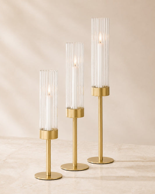Elegante lysestager med glascylinder i 3 højder