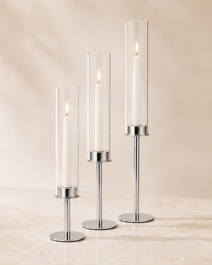 Elegante lysestager med glascylinder i 3 højder