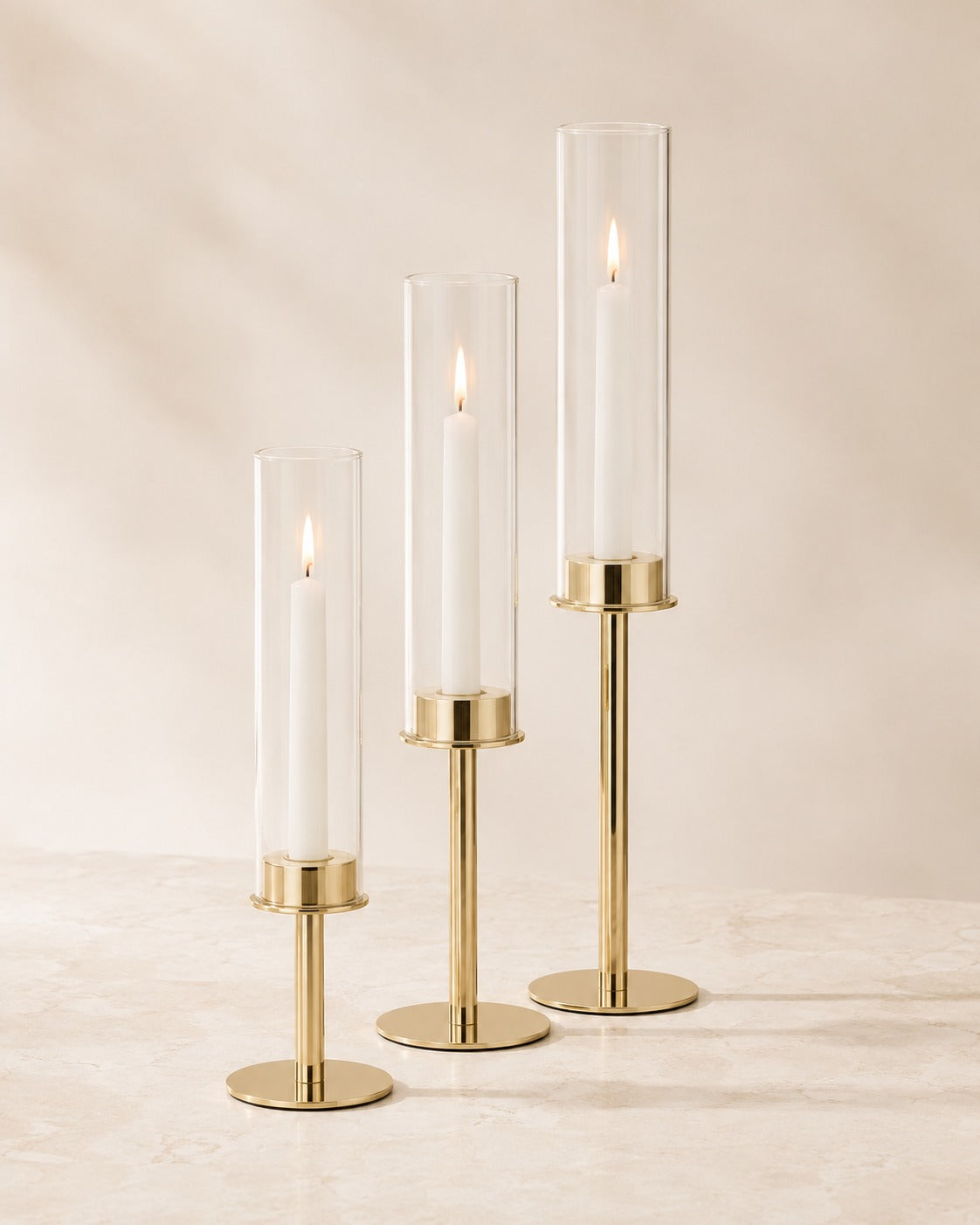Elegante lysestager med glascylinder i 3 højder