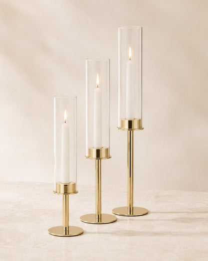 Elegante lysestager med glascylinder i 3 højder