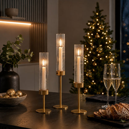 Elegante lysestager med glascylinder i 3 højder