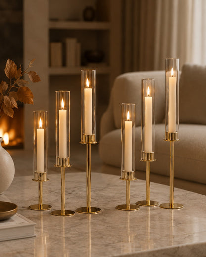 Elegante lysestager med glascylinder i 3 højder