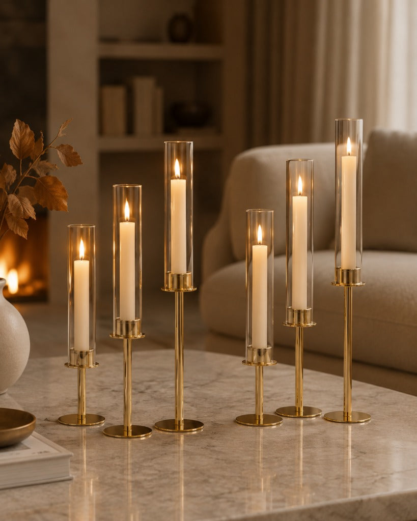 Elegante lysestager med glascylinder i 3 højder