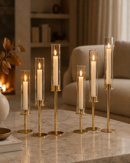 Elegante lysestager med glascylinder i 3 højder