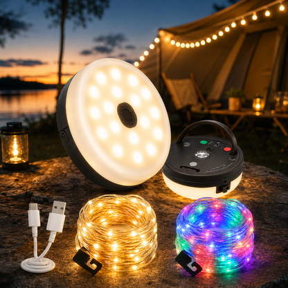 4-i-1 – Genopladelig campinglampe med lyskæde og powerbank