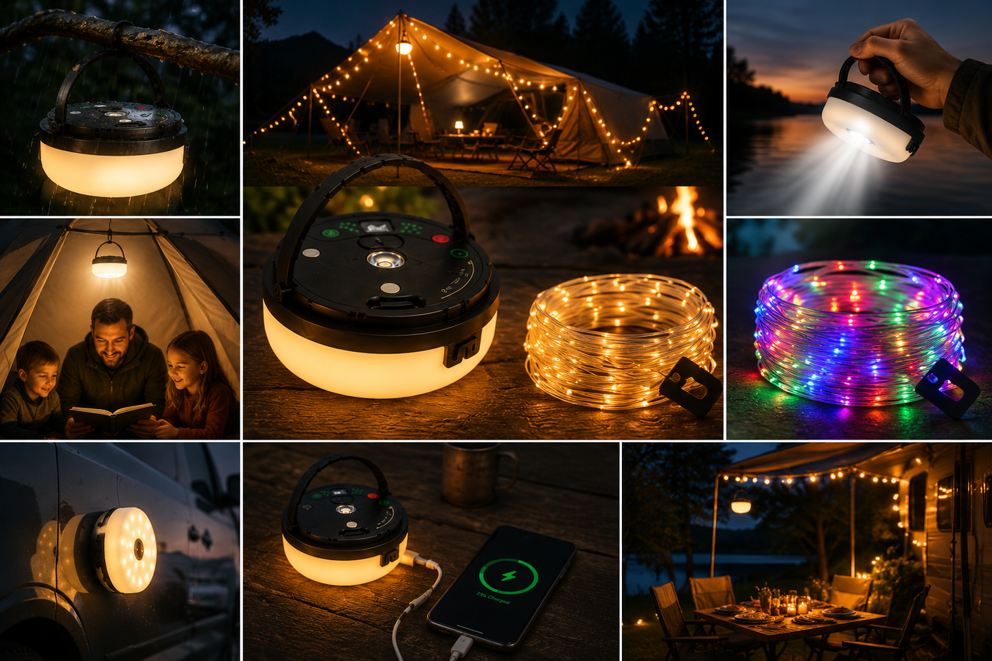 4-i-1 – Genopladelig campinglampe med lyskæde og powerbank